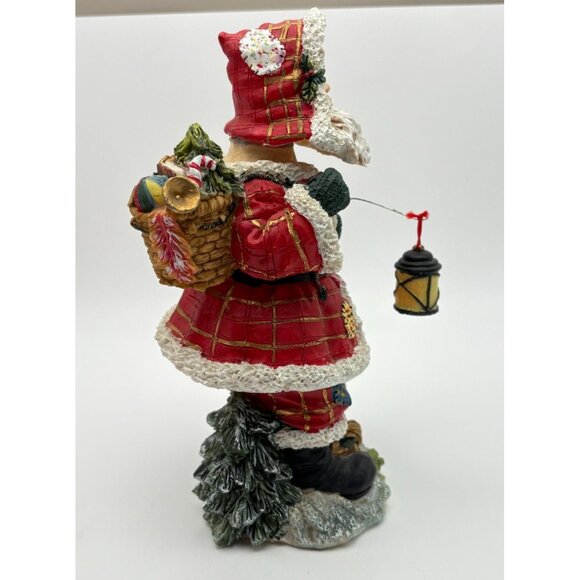 Santa Claus Christmas Figurine Bobble Lantern and Toy Basket Red Plaid Coat - Picture 4 of 11